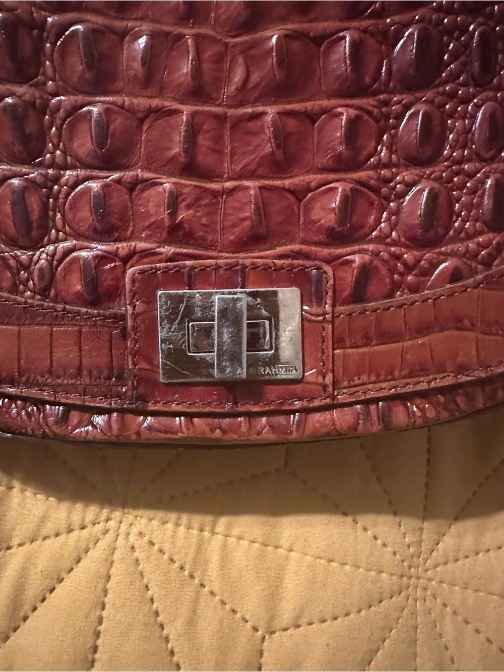 Brahmin Maroon Croc-Embossed Shoulder Bag with Silver Turn-Lock